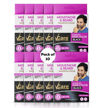 VCare Moustache and Beard color shampoo for Men Black, Natural Hair Color Dye Conditioner | No Ammonia No Paraben No PPD - 5 ml (Pack Of 10)